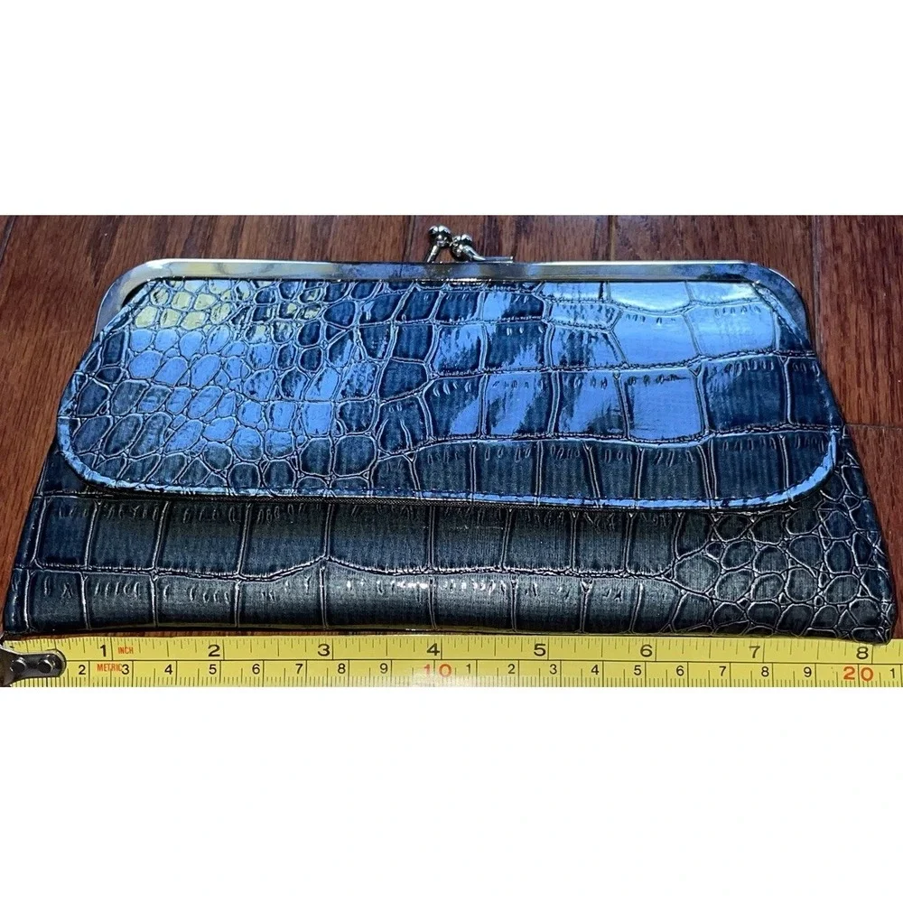 Blue Crocodile Embossed Vegan Faux Leather Clutch Kiss Lock Wallet